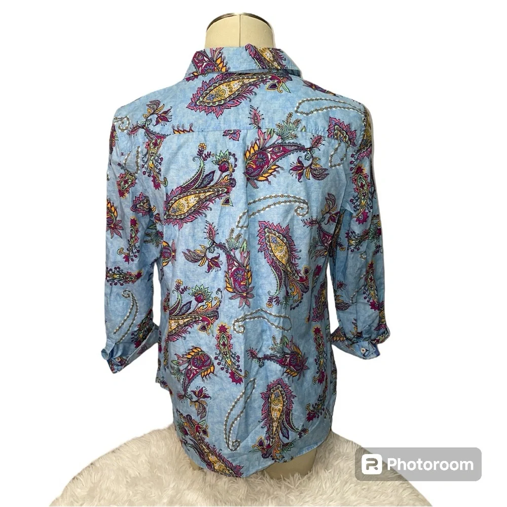 Talbots Cotton Button Front Swirly Paisley Blouse Top Women's Size M